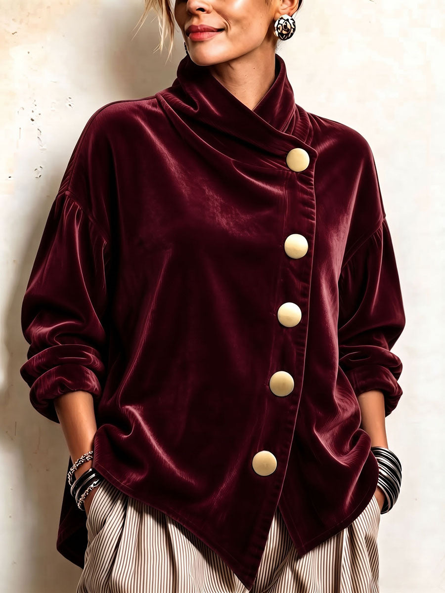 Blusa de Terciopelo Asimétrica con Botones Dorados