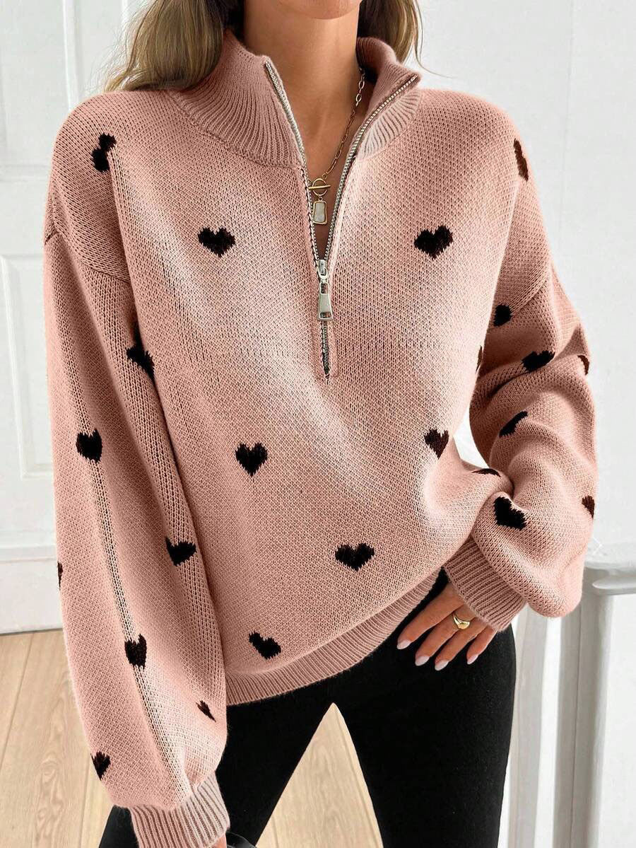 Jersey de Punto con Media Cremallera y Corazones