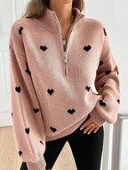 Jersey de Punto con Media Cremallera y Corazones
