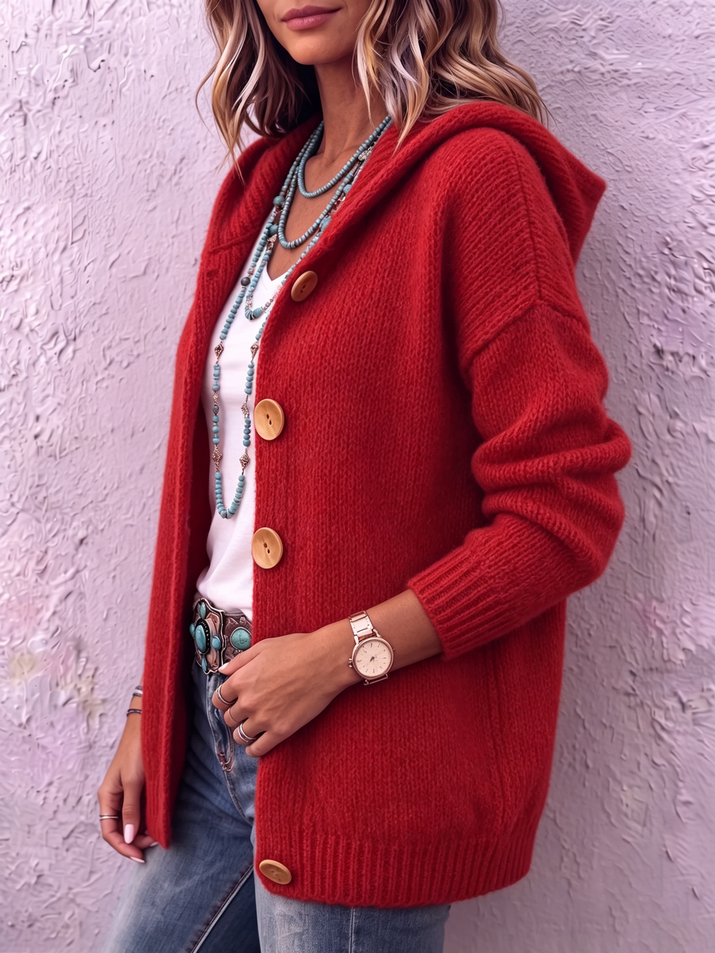 Cárdigan de Punto Rojo con Capucha