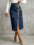 Denim wrap midi skirt with gold trim and buckle