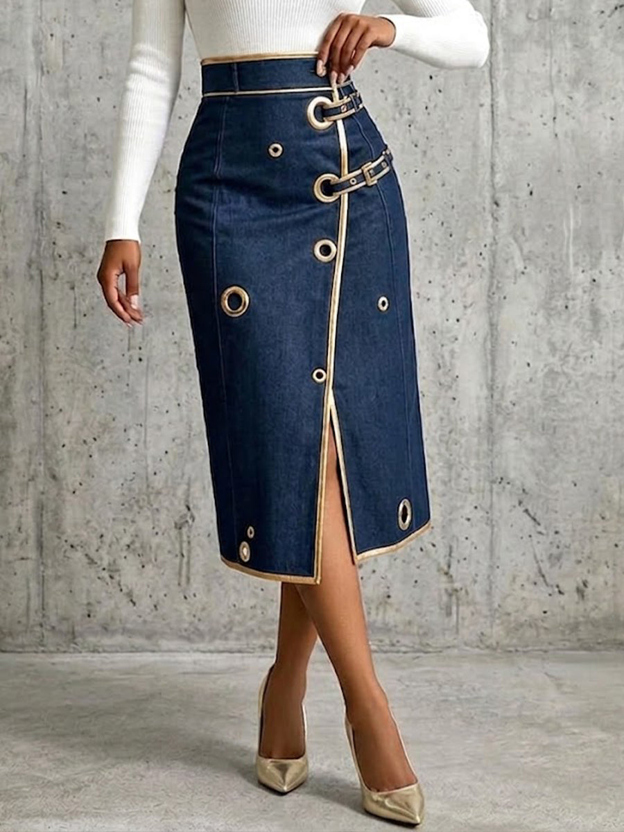 Denim wrap midi skirt with gold trim and buckle