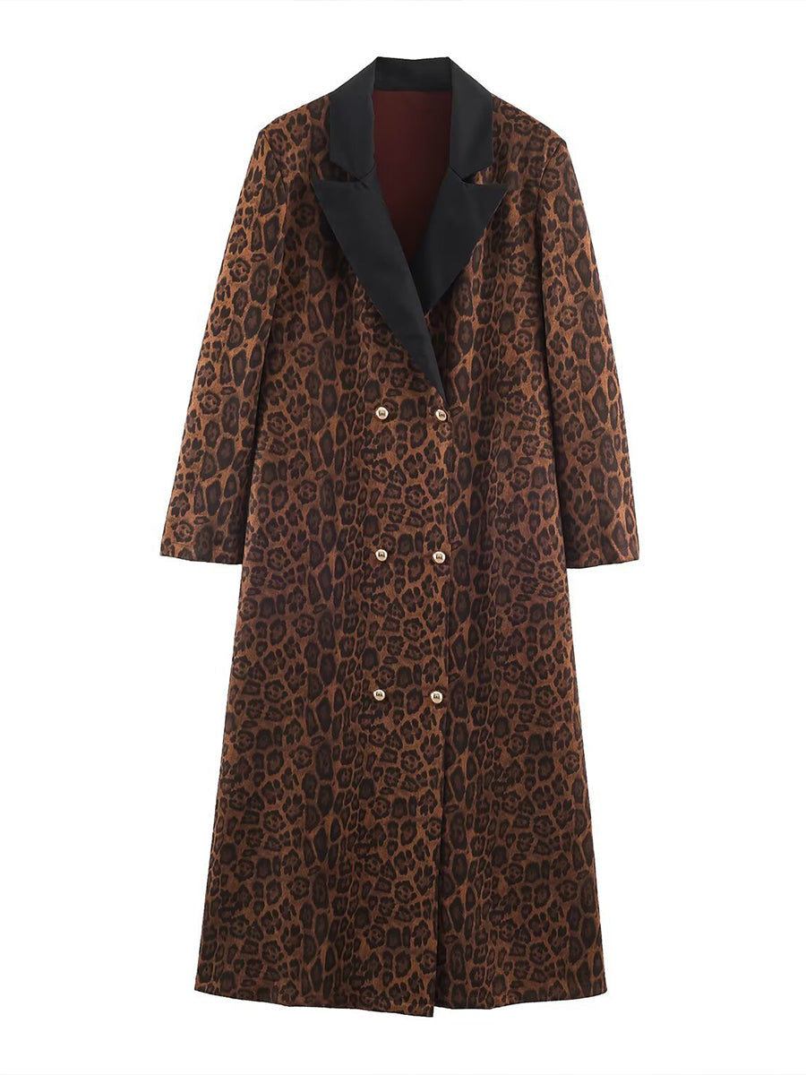 Long leopard coat with contrasting black lapel