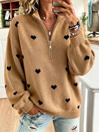 Jersey de Punto con Media Cremallera y Corazones
