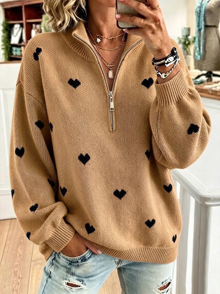 Jersey de Punto con Media Cremallera y Corazones