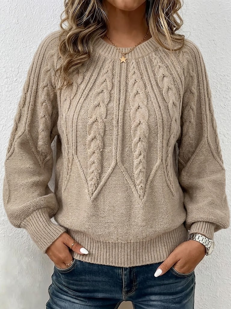 Jersey de Punto Trenzado Vertical con Cuello Redondo