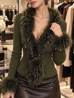 Top Cruzado de Punto Acanalado con Ribete de Pelo
