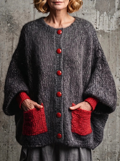 Cárdigan de Punto Antracita con Bolsillos Rojos - LOVRA DESIGN