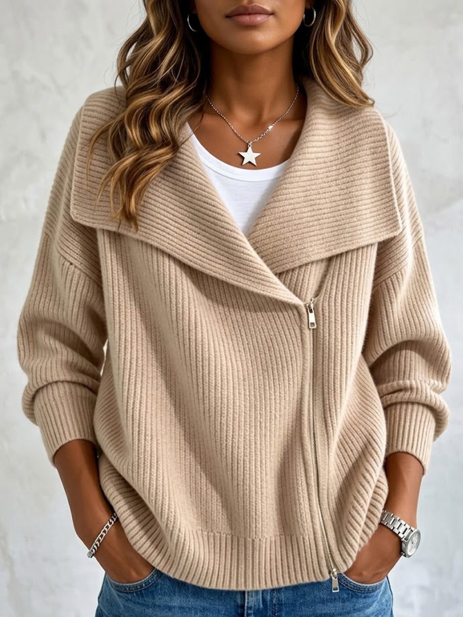 Chaqueta de Punto con Solapa y Doble Cremallera