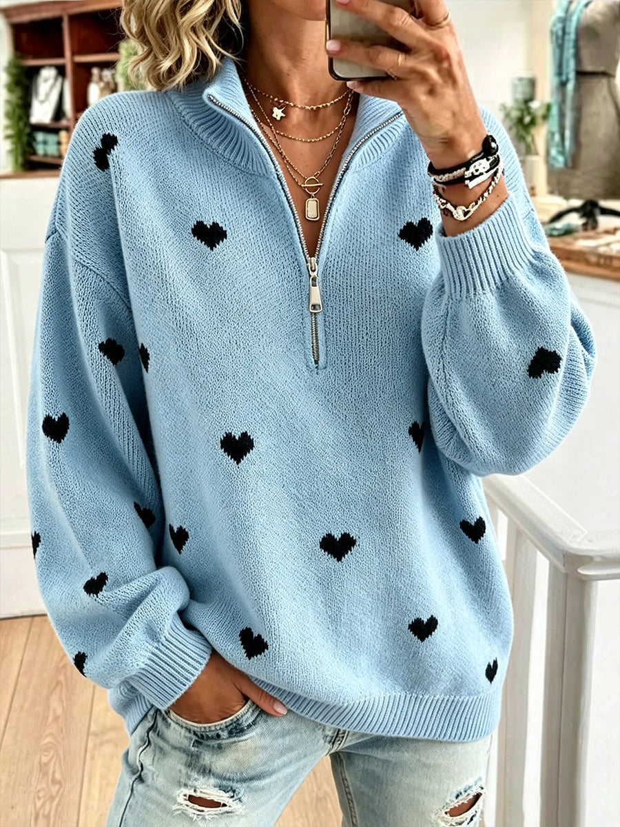 Jersey de Punto con Media Cremallera y Corazones