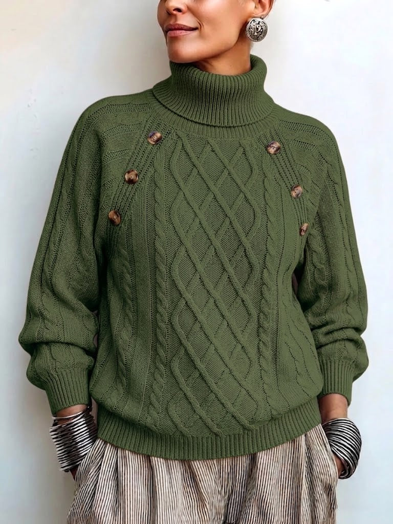 Jersey de Cuello Alto Trenzado con Botones Vintage
