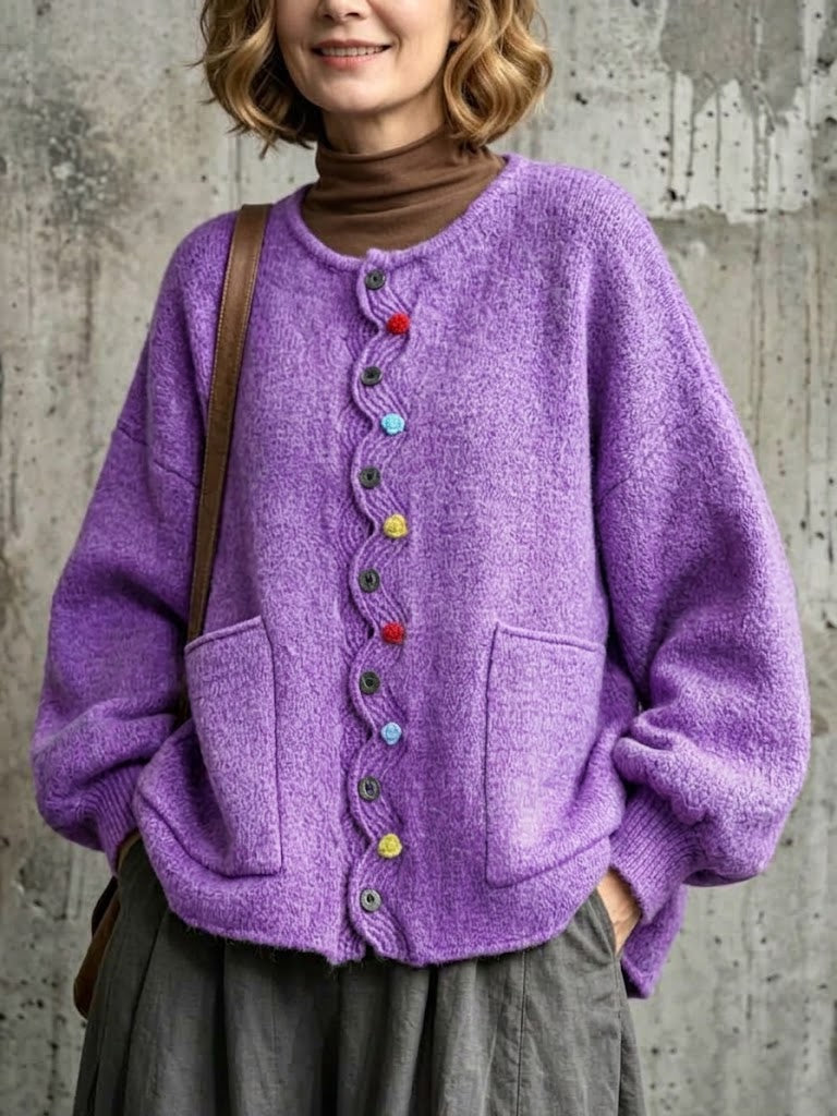 Cárdigan de Punto con Botones de Colores y Bolsillos Grandes