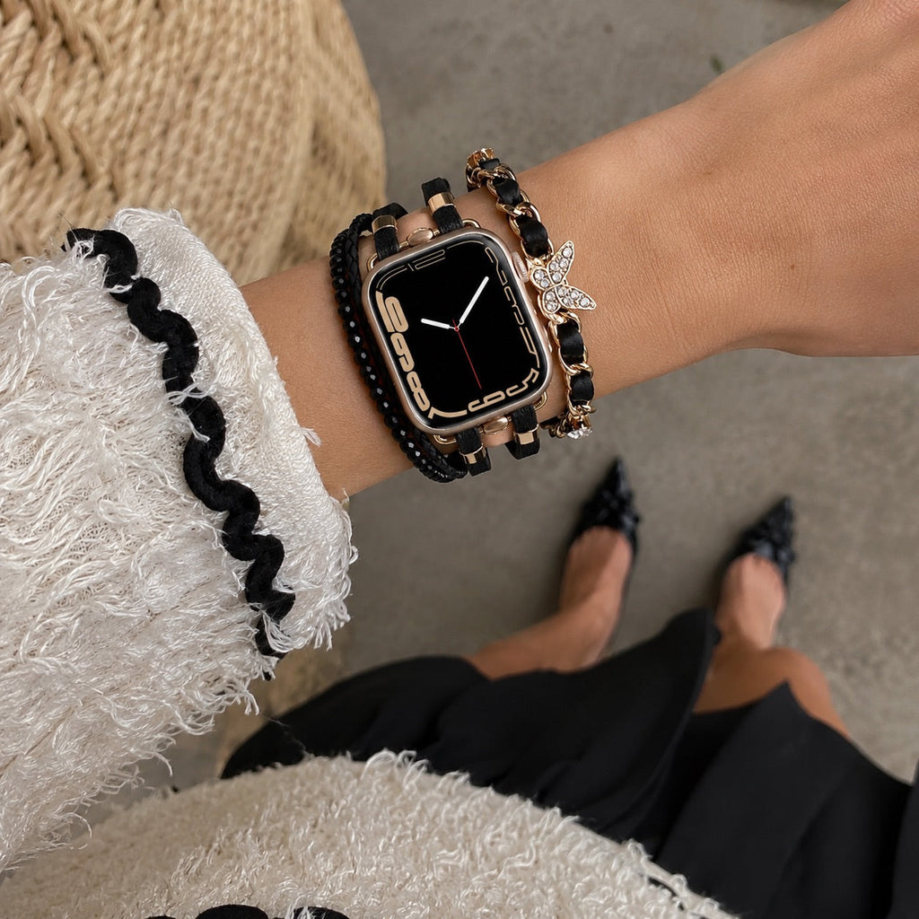 Correa Apple Watch multicapa, ajustable con eslabones y charm de mariposa, chic y elegante, modelo Zoune