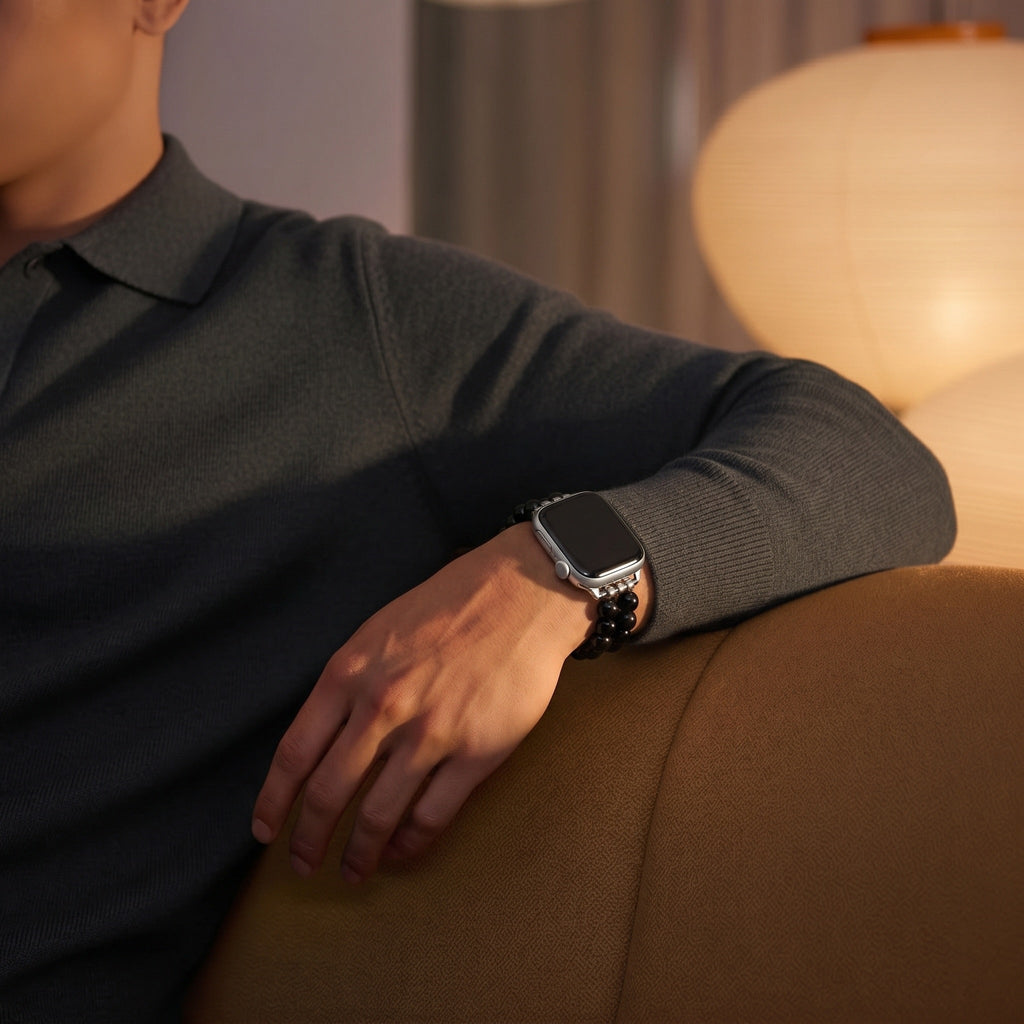 Correa Apple Watch de piedras naturales, doble hilera de perlas, eslabones metálicos, modelo Spedzire
