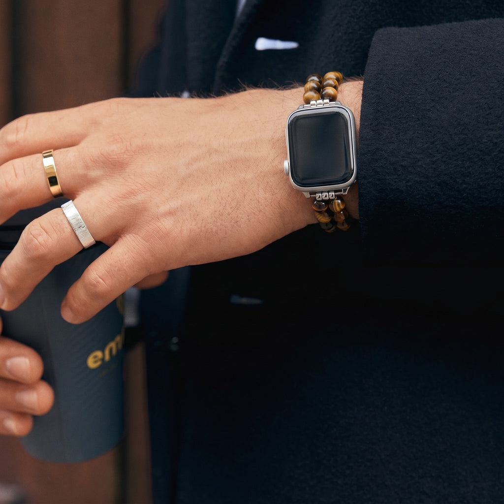 Correa Apple Watch de piedras naturales, doble hilera de perlas, eslabones metálicos, modelo Spedzire