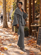 Conjunto de chaqueta de punto con cuello chal y cinturón y falda larga