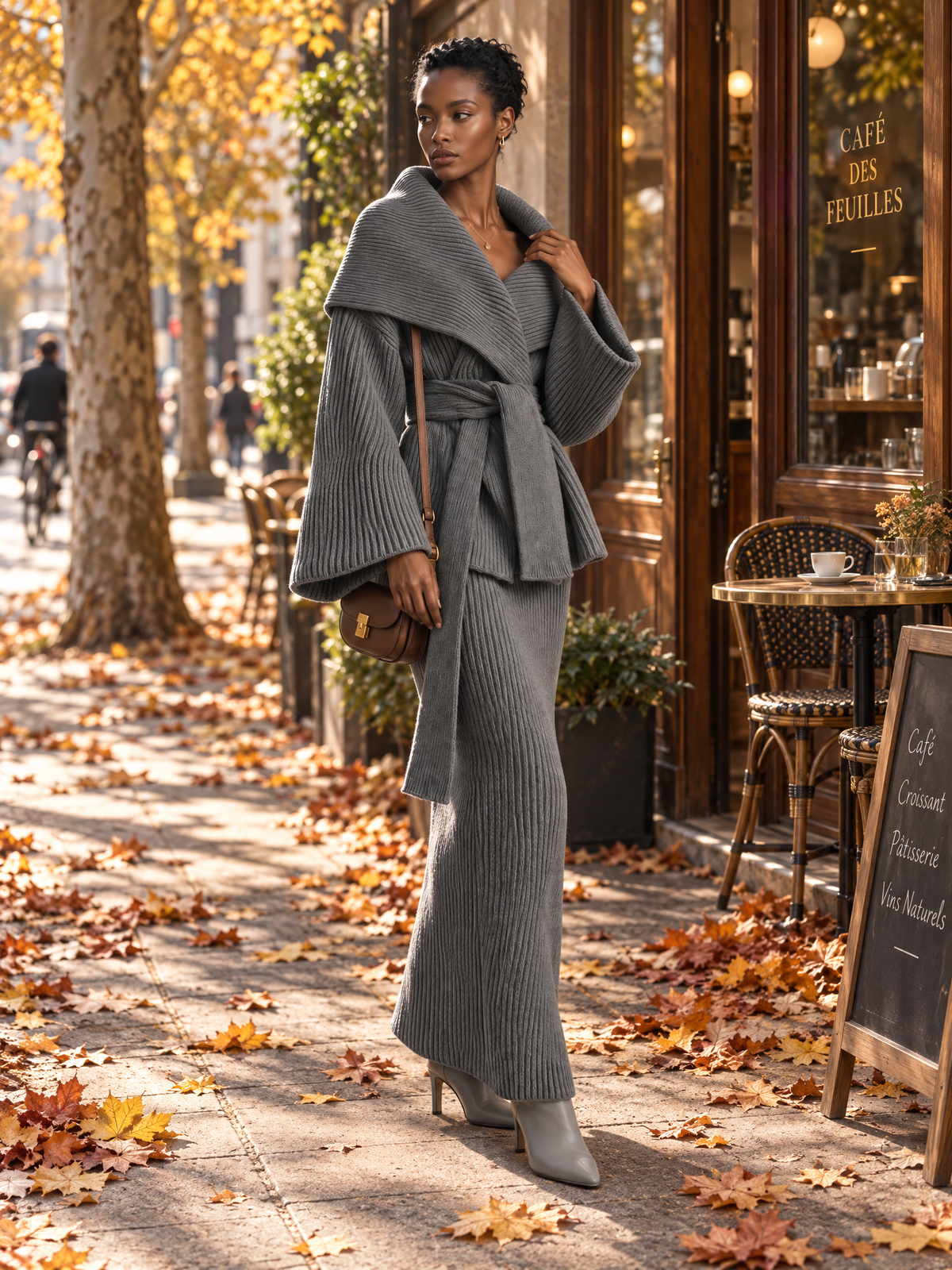 Conjunto de chaqueta de punto con cuello chal y cinturón y falda larga