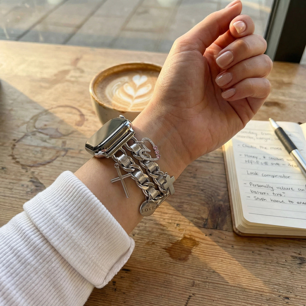 Correa Apple Watch, con múltiples dijes de corazón y cruz, eslabones metálicos a presión, joya para reloj de mujer, accesorio de tendencia, modelo Erza