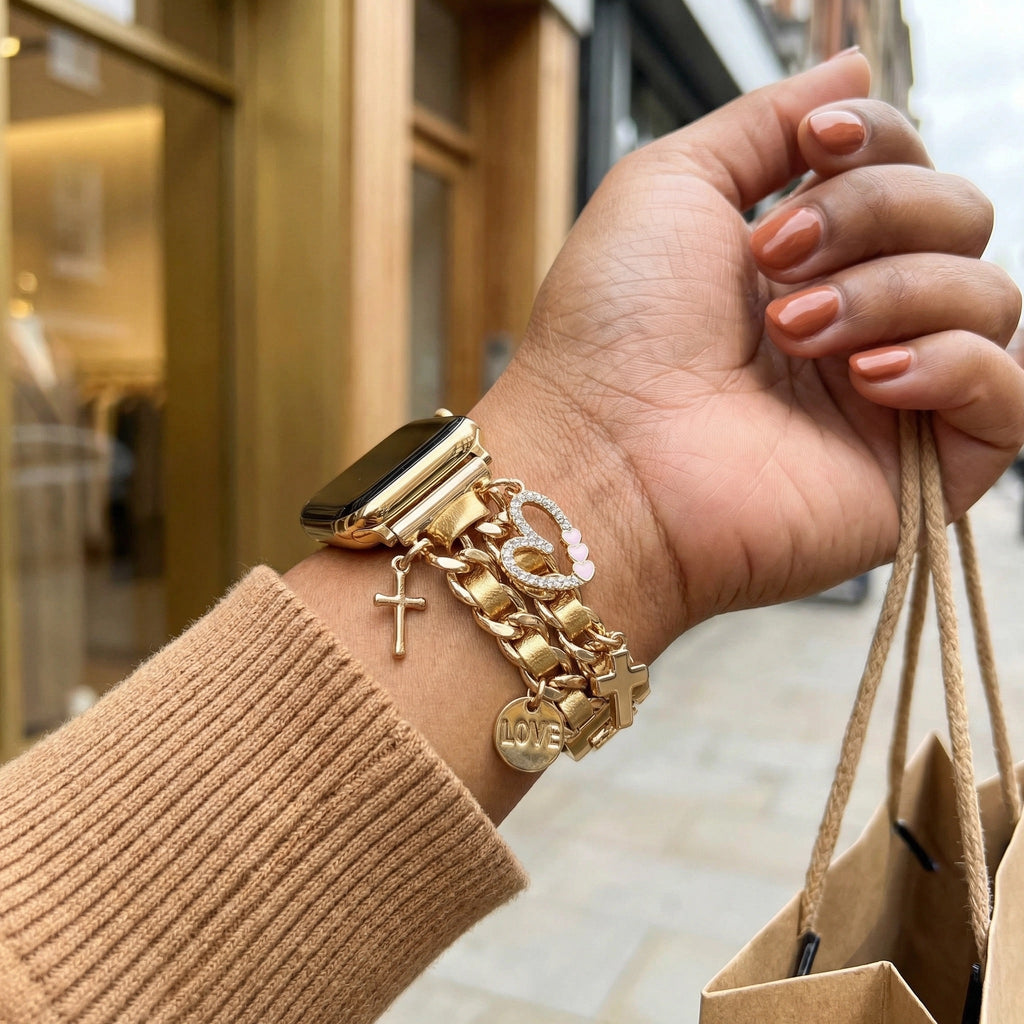 Correa Apple Watch, con múltiples dijes de corazón y cruz, eslabones metálicos a presión, joya para reloj de mujer, accesorio de tendencia, modelo Erza