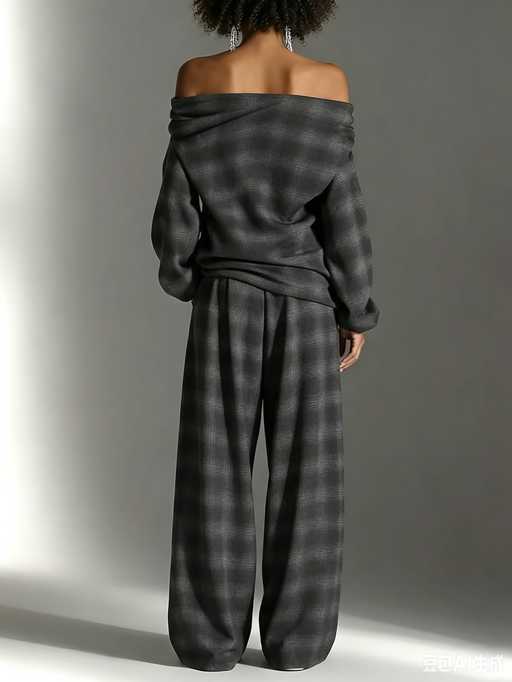 Conjunto de Dos Piezas con Top Off-Shoulder de Cuadros y Pantalón Fluido