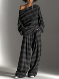 Conjunto de Dos Piezas con Top Off-Shoulder de Cuadros y Pantalón Fluido