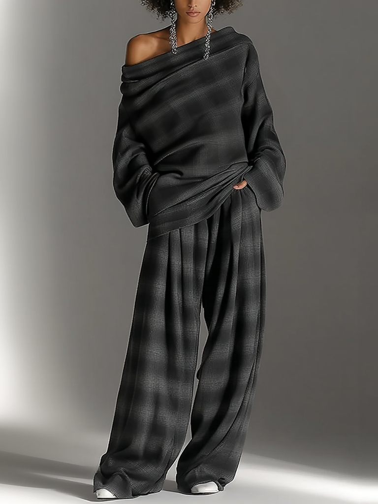 Conjunto de Dos Piezas con Top Off-Shoulder de Cuadros y Pantalón Fluido