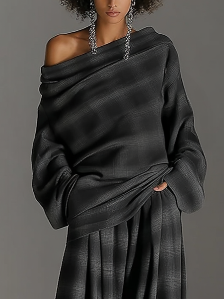 Conjunto de Dos Piezas con Top Off-Shoulder de Cuadros y Pantalón Fluido