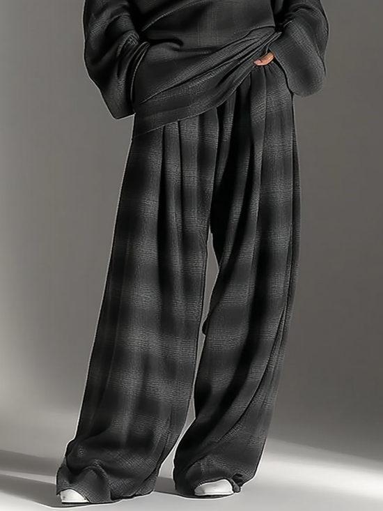 Conjunto de Dos Piezas con Top Off-Shoulder de Cuadros y Pantalón Fluido