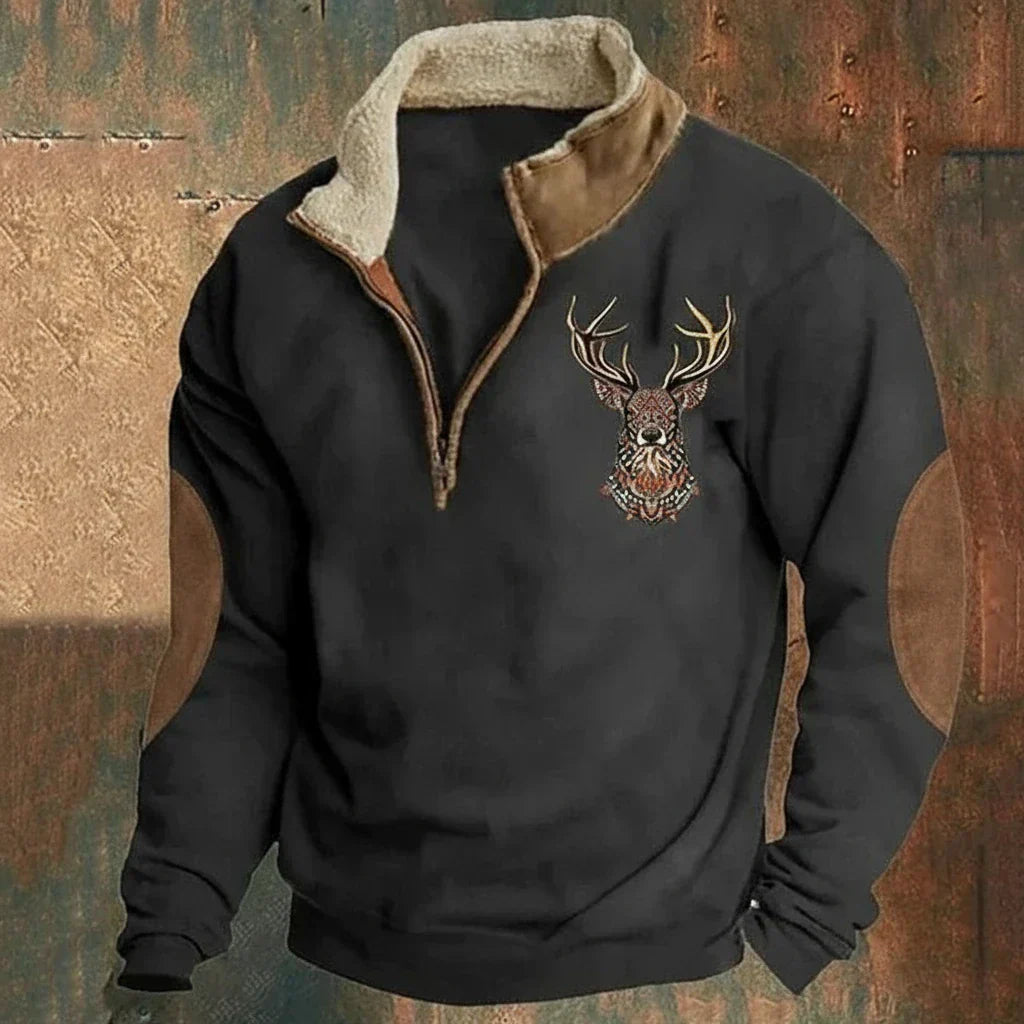 Pull zippé doublé à motif cerf