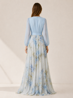 Vestido Largo Floral con Escote en V y Mangas Transparentes