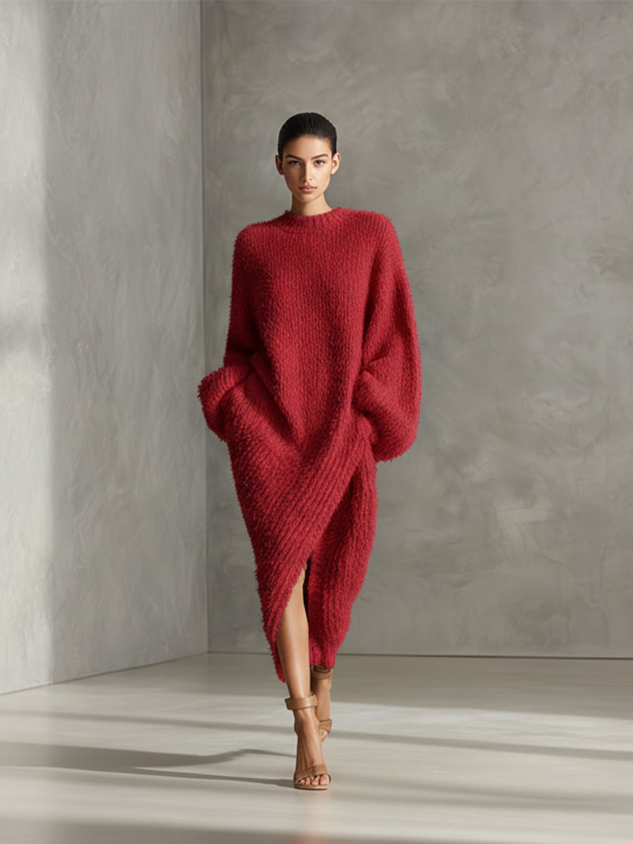 Vestido midi de punto efecto visón crema con abertura asimétrica